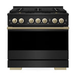 ZLINE Autograph 36 in. 5.2 cu. ft. Marino Gas Range with 6 Burner DuoPro™ Cooktop and Gas Oven in Black Stainless Steel and Champagne Bronze Accents, PMGRBZ-36-CB - Front View