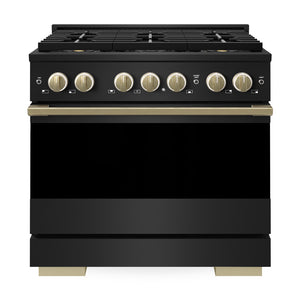 ZLINE Autograph 36 in. 5.2 cu. ft. Marino Gas Range with 6 Burner DuoPro™ Cooktop and Gas Oven in Black Stainless Steel and Champagne Bronze Accents, PMGRBZ-36-CB - Front View