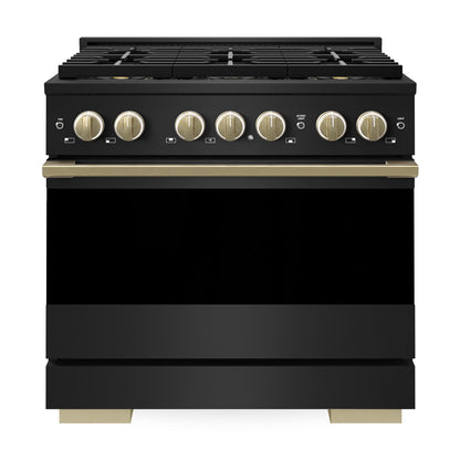 ZLINE Autograph 36 in. 5.2 cu. ft. Marino Gas Range with 6 Burner DuoPro™ Cooktop and Gas Oven in Black Stainless Steel and Champagne Bronze Accents, PMGRBZ-36-CB - Front View