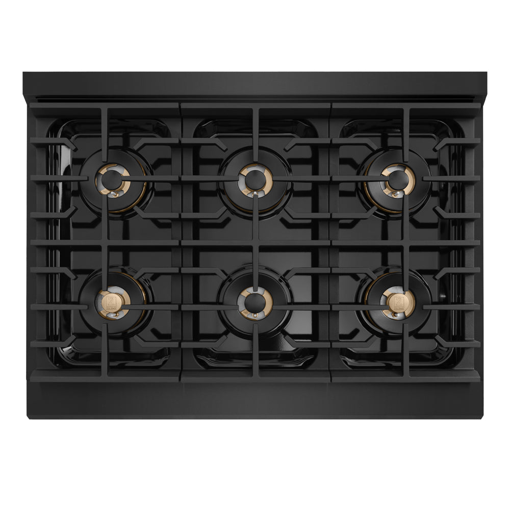 ZLINE Autograph 36 in. 5.2 cu. ft. Marino Gas Range with 6 Burner DuoPro™ Cooktop and Gas Oven in Black Stainless Steel and Champagne Bronze Accents, PMGRBZ-36-CB - Top-Down View