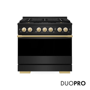 ZLINE Marino Autograph Edition 36-Inch 5.2 cu. ft. Gas Range, 6 Brass Burner DuoPro™ Cooktop, Convection Oven, Black Stainless Steel with Polished Gold Accents, PMGRBZ-36-G