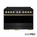 ZLINE Autograph 48 in. 6.7 cu. ft. Marino Gas Range with 8 Burner DuoPro™ Cooktop and Dual Ovens in Black Stainless Steel and Champagne Bronze Accents, PMGRBZ-48-CB - Front Hero View with Logo