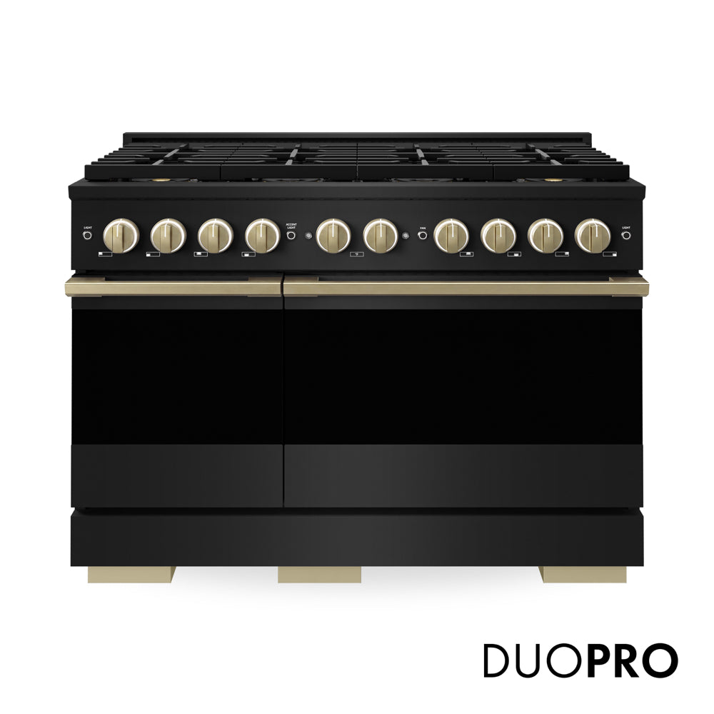 ZLINE Autograph 48 in. 6.7 cu. ft. Marino Gas Range with 8 Burner DuoPro™ Cooktop and Dual Ovens in Black Stainless Steel and Champagne Bronze Accents, PMGRBZ-48-CB - Front Hero View with Logo