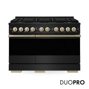 ZLINE Autograph 48 in. 6.7 cu. ft. Marino Gas Range with 8 Burner DuoPro™ Cooktop and Dual Ovens in Black Stainless Steel and Champagne Bronze Accents, PMGRBZ-48-CB - Front Hero View with Logo