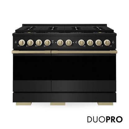ZLINE Autograph 48 in. 6.7 cu. ft. Marino Gas Range with 8 Burner DuoPro™ Cooktop and Dual Ovens in Black Stainless Steel and Champagne Bronze Accents, PMGRBZ-48-CB - Front Hero View with Logo