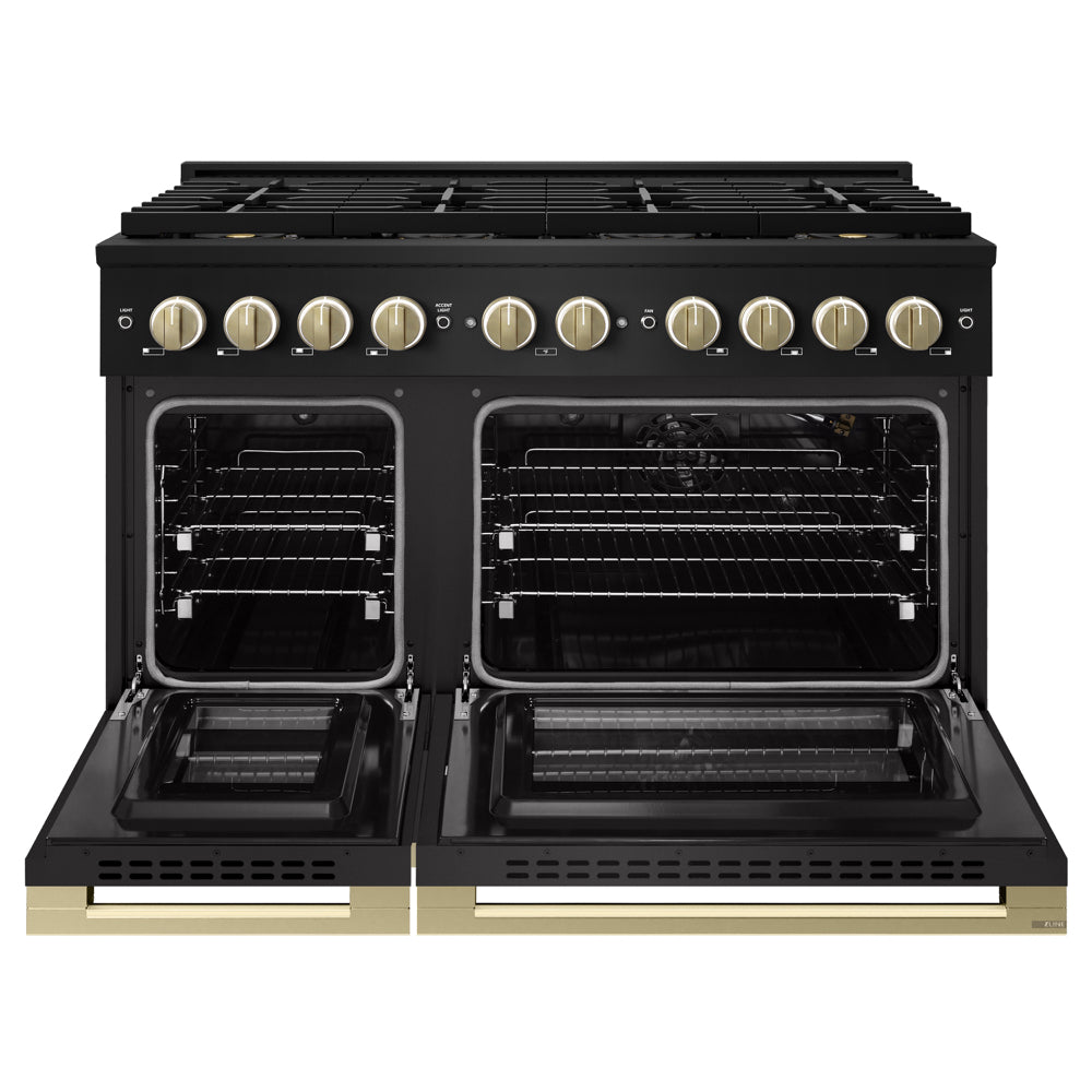 ZLINE Autograph 48 in. 6.7 cu. ft. Marino Gas Range with 8 Burner DuoPro™ Cooktop and Dual Ovens in Black Stainless Steel and Champagne Bronze Accents, PMGRBZ-48-CB - Front View with Oven Door Open