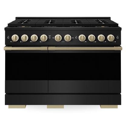 ZLINE Autograph 48 in. 6.7 cu. ft. Marino Gas Range with 8 Burner DuoPro™ Cooktop and Dual Ovens in Black Stainless Steel and Champagne Bronze Accents, PMGRBZ-48-CB - Front View