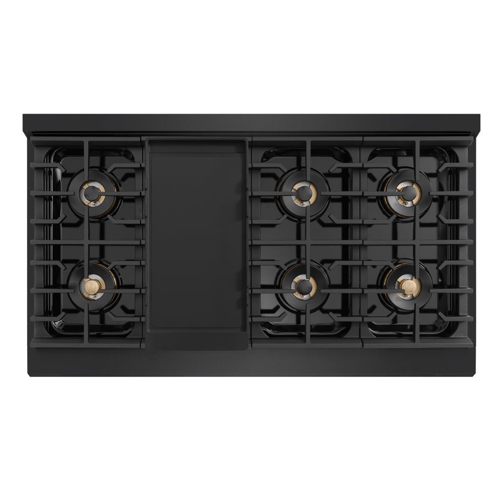 ZLINE Autograph 48 in. 6.7 cu. ft. Marino Gas Range with 8 Burner DuoPro™ Cooktop and Dual Ovens in Black Stainless Steel and Champagne Bronze Accents, PMGRBZ-48-CB - Top-Down View with Griddle