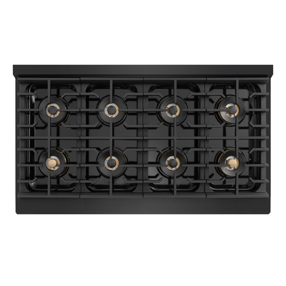 ZLINE Autograph 48 in. 6.7 cu. ft. Marino Gas Range with 8 Burner DuoPro™ Cooktop and Dual Ovens in Black Stainless Steel and Champagne Bronze Accents, PMGRBZ-48-CB - Top-Down View