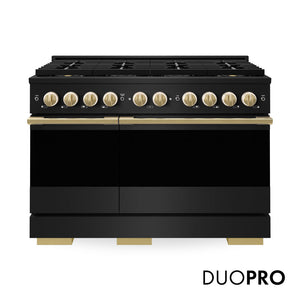 ZLINE Marino Autograph Edition 48-Inch 6.7 cu. ft. Gas Range, 8 Brass Burner DuoPro™ Cooktop, Double Oven, Convection Oven, Reversible Griddle, Black Stainless Steel with Polished Gold Accents, PMGRBZ-48-G