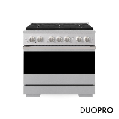 ZLINE Marino 36-Inch 5.2 cu. ft. Dual Fuel Range, 6 Brass Burner DuoPro™ Cooktop, Convection Oven, Satin Stainless Steel, PMDRS-36