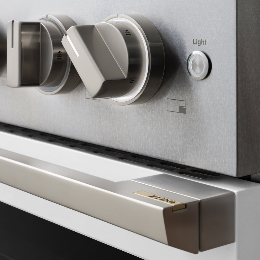 ZLINE 48 in. 6.7 cu. ft. Marino Dual Fuel Range with 8 Burner DuoPro™ Cooktop and Dual Ovens in Satin Stainless Steel with White Matte Doors, PMDRS-WM-48 - Control Knob Detail
