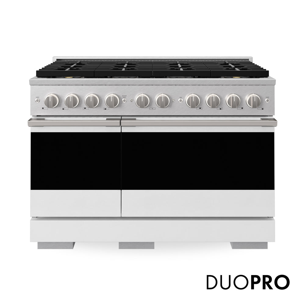 ZLINE 48 in. 6.7 cu. ft. Marino Dual Fuel Range with 8 Burner DuoPro™ Cooktop and Dual Ovens in Satin Stainless Steel with White Matte Doors, PMDRS-WM-48 - Front Hero View with Logo