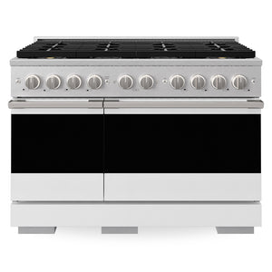 ZLINE 48 in. 6.7 cu. ft. Marino Dual Fuel Range with 8 Burner DuoPro™ Cooktop and Dual Ovens in Satin Stainless Steel with White Matte Doors, PMDRS-WM-48 - Front View