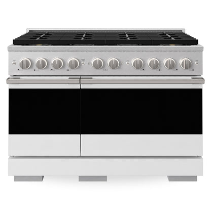 ZLINE 48 in. 6.7 cu. ft. Marino Dual Fuel Range with 8 Burner DuoPro™ Cooktop and Dual Ovens in Satin Stainless Steel with White Matte Doors, PMDRS-WM-48 - Front View