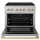 ZLINE Autograph 36 in. 5.2 cu. ft. Marino Dual Fuel Range with 6 Burner DuoPro™ Cooktop and Electric Convection Oven in Satin Stainless Steel and Champagne Bronze Accents, PMDRSZ-36-CB - Front View with Oven Door Open
