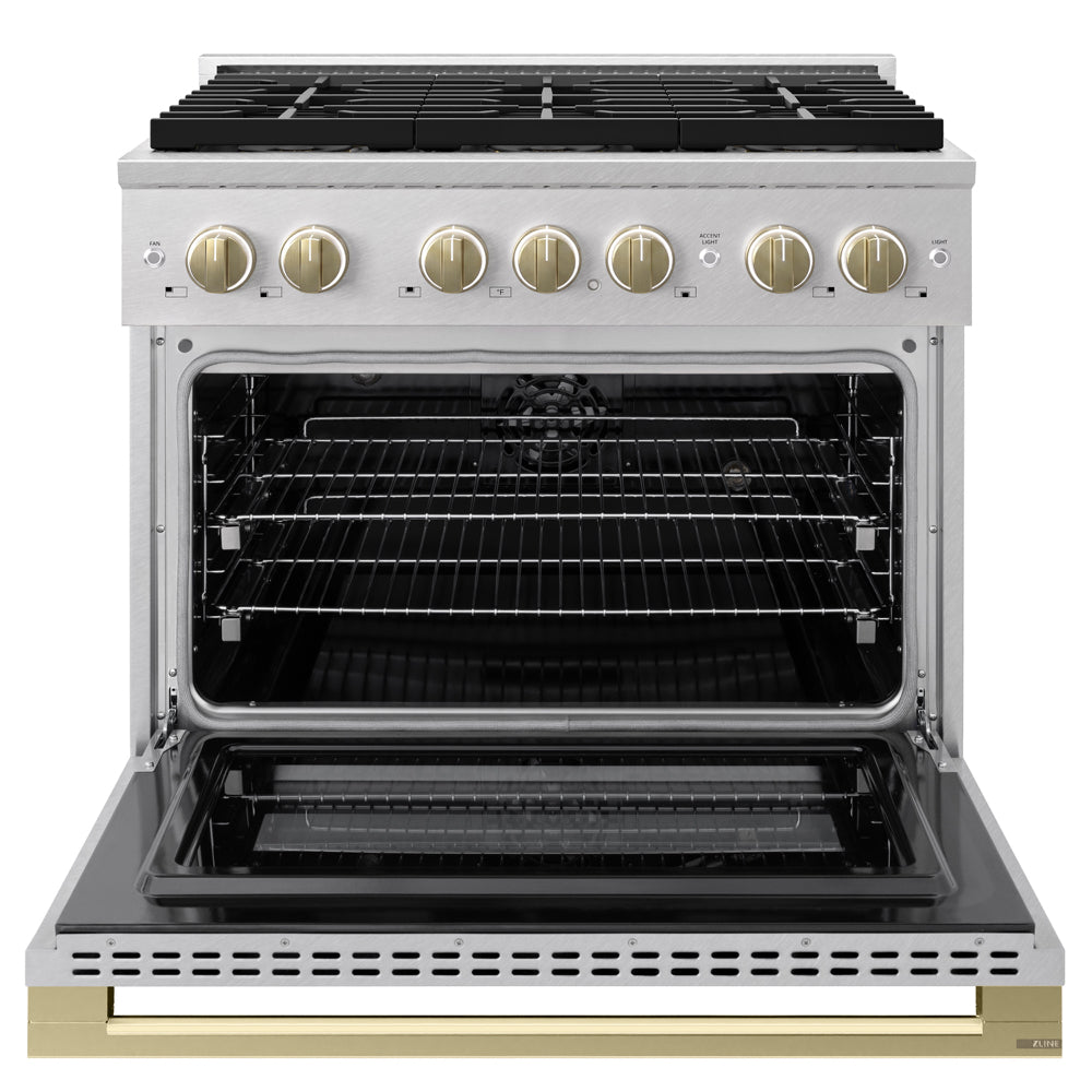 ZLINE Autograph 36 in. 5.2 cu. ft. Marino Dual Fuel Range with 6 Burner DuoPro™ Cooktop and Electric Convection Oven in Satin Stainless Steel and Champagne Bronze Accents, PMDRSZ-36-CB - Front View with Oven Door Open