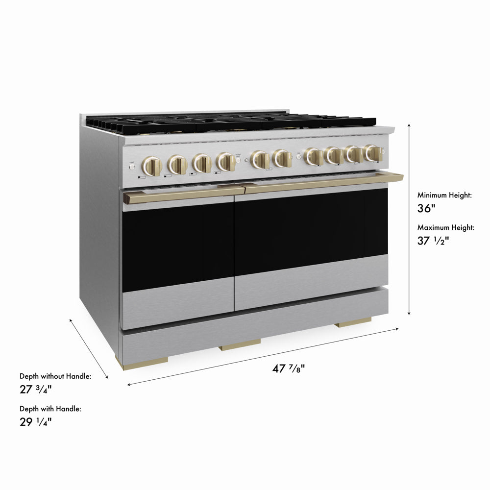 ZLINE Autograph 48 in. 6.7 cu. ft. Marino Dual Fuel Range with 8 Burner DuoPro™ Cooktop and Dual Ovens in Satin Stainless Steel and Champagne Bronze Accents, PMDRSZ-48-CB - Dimensions Diagram