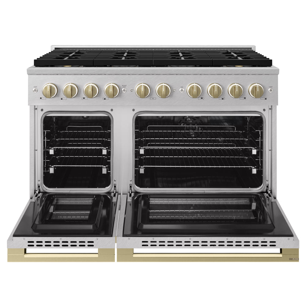 ZLINE Autograph 48 in. 6.7 cu. ft. Marino Dual Fuel Range with 8 Burner DuoPro™ Cooktop and Dual Ovens in Satin Stainless Steel and Champagne Bronze Accents, PMDRSZ-48-CB - Front View with Oven Door Open