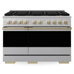 ZLINE Autograph 48 in. 6.7 cu. ft. Marino Dual Fuel Range with 8 Burner DuoPro™ Cooktop and Dual Ovens in Satin Stainless Steel and Champagne Bronze Accents, PMDRSZ-48-CB - Front View