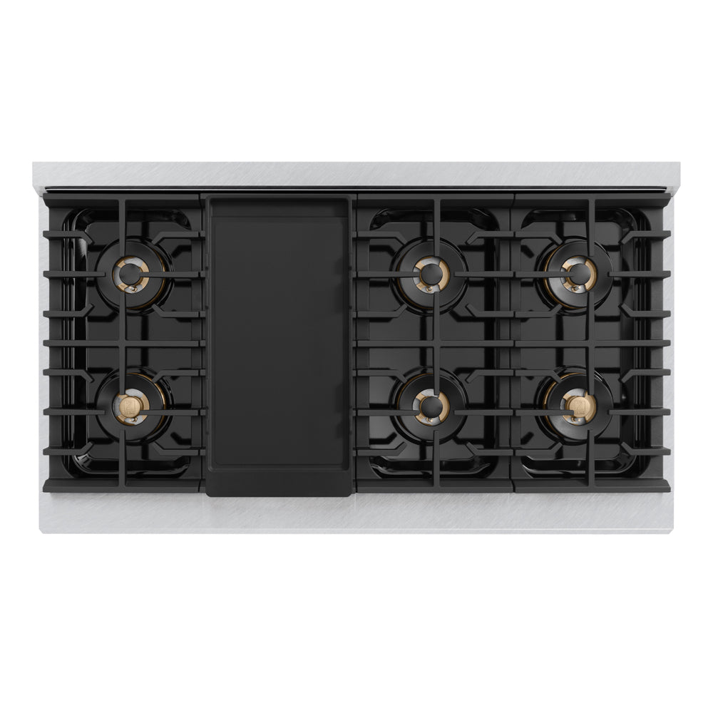ZLINE Autograph 48 in. 6.7 cu. ft. Marino Dual Fuel Range with 8 Burner DuoPro™ Cooktop and Dual Ovens in Satin Stainless Steel and Champagne Bronze Accents, PMDRSZ-48-CB - Top-Down View with Griddle