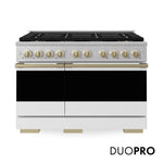 ZLINE Autograph 48 in. 6.7 cu. ft. Marino Dual Fuel Range with 8 Burner DuoPro™ Cooktop and Dual Ovens in Satin Stainless Steel with White Matte Doors and Champagne Bronze Accents, PMDRSZ-WM-48-CB - Front Hero View with Logo