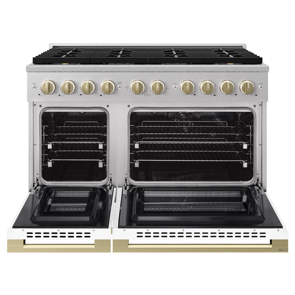 ZLINE Autograph 48 in. 6.7 cu. ft. Marino Dual Fuel Range with 8 Burner DuoPro™ Cooktop and Dual Ovens in Satin Stainless Steel with White Matte Doors and Champagne Bronze Accents, PMDRSZ-WM-48-CB - Front View with Oven Door Open