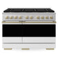 ZLINE Autograph 48 in. 6.7 cu. ft. Marino Dual Fuel Range with 8 Burner DuoPro™ Cooktop and Dual Ovens in Satin Stainless Steel with White Matte Doors and Champagne Bronze Accents, PMDRSZ-WM-48-CB - Front View