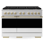 ZLINE Autograph 48 in. 6.7 cu. ft. Marino Dual Fuel Range with 8 Burner DuoPro™ Cooktop and Dual Ovens in Satin Stainless Steel with White Matte Doors and Champagne Bronze Accents, PMDRSZ-WM-48-CB - Front View