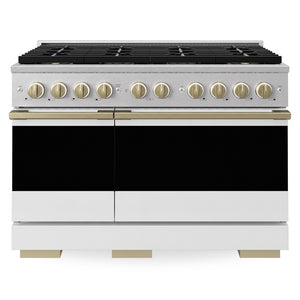 ZLINE Autograph 48 in. 6.7 cu. ft. Marino Dual Fuel Range with 8 Burner DuoPro™ Cooktop and Dual Ovens in Satin Stainless Steel with White Matte Doors and Champagne Bronze Accents, PMDRSZ-WM-48-CB - Front View