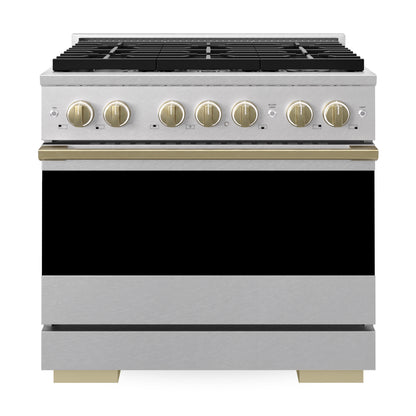 ZLINE Marino Autograph Edition 36-Inch 5.2 cu. ft. Dual Fuel Range, 6 Brass Burners, Convection Oven, Satin Stainless Steel with Champagne Bronze Accents, MDRSZ-36-CB