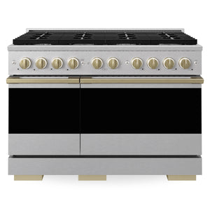 ZLINE Marino Autograph Edition 48-Inch 6.7 cu. ft. Dual Fuel Range, 8 Brass Burners, Double Oven, Convection Oven, Reversible Griddle, Satin Stainless Steel with Champagne Bronze Accents, MDRSZ-48-CB