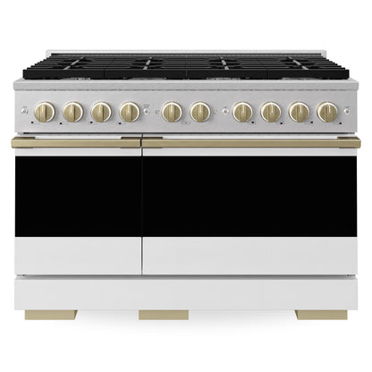 ZLINE Marino Autograph Edition 48-Inch 6.7 cu. ft. Dual Fuel Range, 8 Brass Burners, Double Oven, Convection Oven, Reversible Griddle, Satin Stainless Steel with White Matte Door and Champagne Bronze Accents, MDRSZ-WM-48-CB