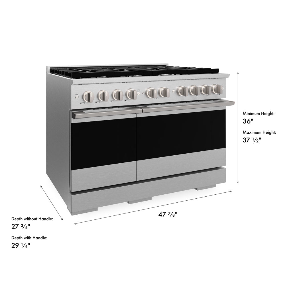ZLINE Marino 48-Inch 6.7 cu. ft. Gas Range, 8 Burners, Double Oven, Convection Oven, Reversible Griddle, Satin Stainless Steel, MGRS-48