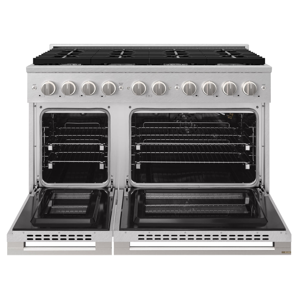 ZLINE Marino 48-Inch 6.7 cu. ft. Gas Range, 8 Brass Burners, Double Oven, Convection Oven, Reversible Griddle, Satin Stainless Steel, MGRS-BR-48