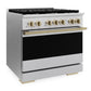 ZLINE Marino Autograph Edition 36-Inch 5.2 cu. ft. Gas Range, 6 Brass Burners, Convection Oven, Satin Stainless Steel with Champagne Bronze Accents, MGRSZ-36-CB