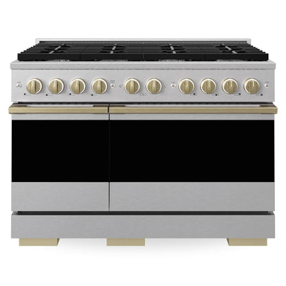 ZLINE Marino Autograph Edition 48-Inch 6.7 cu. ft. Gas Range, 8 Brass Burners, Double Oven, Convection Oven, Reversible Griddle, Satin Stainless Steel with Champagne Bronze Accents, MGRSZ-48-CB