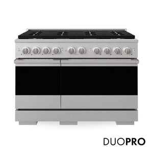 ZLINE Marino 48-Inch 6.7 cu. ft. Gas Range, 8 Brass Burner DuoPro™ Cooktop, Double Oven, Convection Oven, Reversible Griddle, Satin Stainless Steel, PMGRS-48
