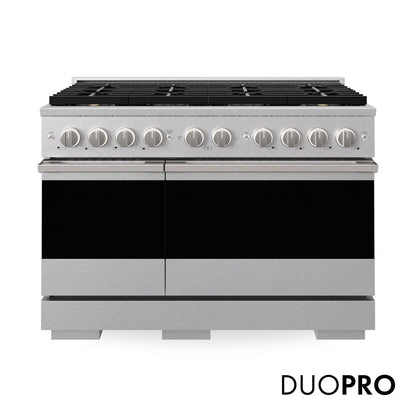 ZLINE Marino 48-Inch 6.7 cu. ft. Gas Range, 8 Brass Burner DuoPro™ Cooktop, Double Oven, Convection Oven, Reversible Griddle, Satin Stainless Steel, PMGRS-48