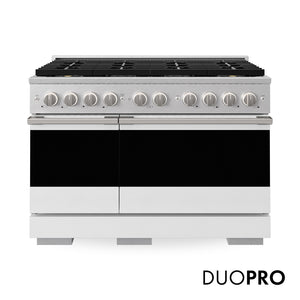 ZLINE 48 in. 6.7 cu. ft. Marino Gas Range with 8 Burner DuoPro™ Cooktop and Dual Ovens in Satin Stainless Steel with White Matte Doors, PMGRS-WM-48 - Front Hero View