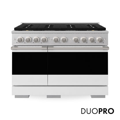 ZLINE 48 in. 6.7 cu. ft. Marino Gas Range with 8 Burner DuoPro™ Cooktop and Dual Ovens in Satin Stainless Steel with White Matte Doors, PMGRS-WM-48 - Front Hero View