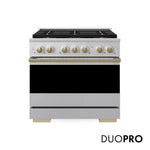 ZLINE Autograph 36 in. 5.2 cu. ft. Marino Gas Range with 6 Burner DuoPro™ Cooktop and Gas Oven in Satin Stainless Steel and Champagne Bronze Accents, PMGRSZ-36-CB - Front Hero View with Logo