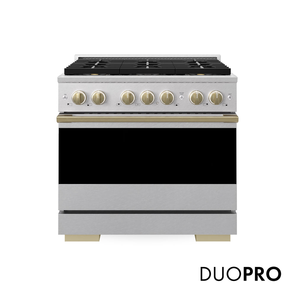 ZLINE Autograph 36 in. 5.2 cu. ft. Marino Gas Range with 6 Burner DuoPro™ Cooktop and Gas Oven in Satin Stainless Steel and Champagne Bronze Accents, PMGRSZ-36-CB - Front Hero View with Logo