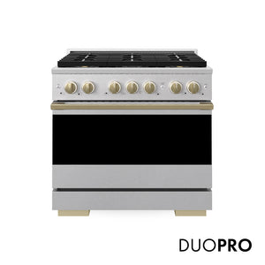 ZLINE Autograph 36 in. 5.2 cu. ft. Marino Gas Range with 6 Burner DuoPro™ Cooktop and Gas Oven in Satin Stainless Steel and Champagne Bronze Accents, PMGRSZ-36-CB - Front Hero View with Logo