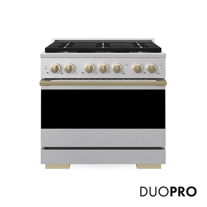 ZLINE Autograph 36 in. 5.2 cu. ft. Marino Gas Range with 6 Burner DuoPro™ Cooktop and Gas Oven in Satin Stainless Steel and Champagne Bronze Accents, PMGRSZ-36-CB - Front Hero View with Logo