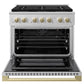ZLINE Autograph 36 in. 5.2 cu. ft. Marino Gas Range with 6 Burner DuoPro™ Cooktop and Gas Oven in Satin Stainless Steel and Champagne Bronze Accents, PMGRSZ-36-CB - Front View with Oven Door Open