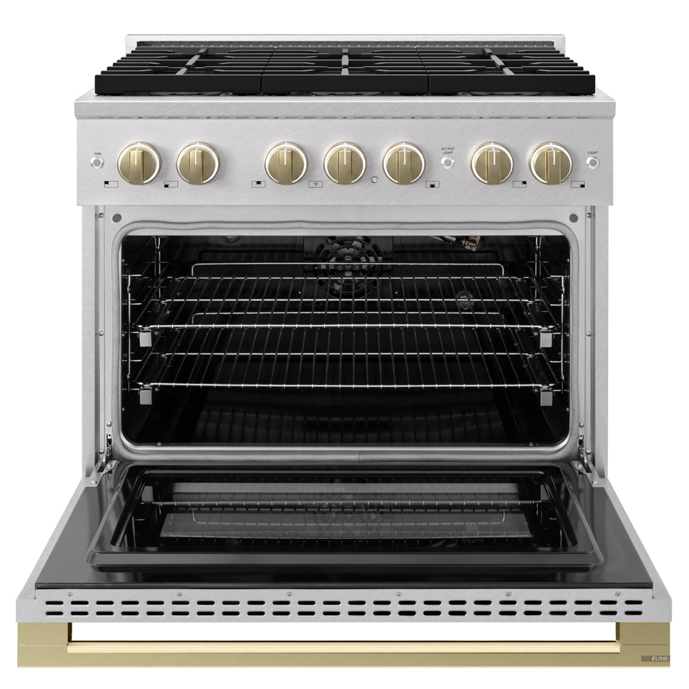 ZLINE Autograph 36 in. 5.2 cu. ft. Marino Gas Range with 6 Burner DuoPro™ Cooktop and Gas Oven in Satin Stainless Steel and Champagne Bronze Accents, PMGRSZ-36-CB - Front View with Oven Door Open