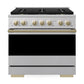 ZLINE Autograph 36 in. 5.2 cu. ft. Marino Gas Range with 6 Burner DuoPro™ Cooktop and Gas Oven in Satin Stainless Steel and Champagne Bronze Accents, PMGRSZ-36-CB - Front View