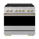 ZLINE Autograph 36 in. 5.2 cu. ft. Marino Gas Range with 6 Burner DuoPro™ Cooktop and Gas Oven in Satin Stainless Steel and Champagne Bronze Accents, PMGRSZ-36-CB - Front View