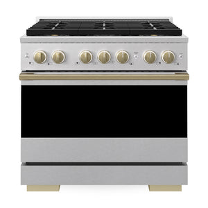 ZLINE Autograph 36 in. 5.2 cu. ft. Marino Gas Range with 6 Burner DuoPro™ Cooktop and Gas Oven in Satin Stainless Steel and Champagne Bronze Accents, PMGRSZ-36-CB - Front View